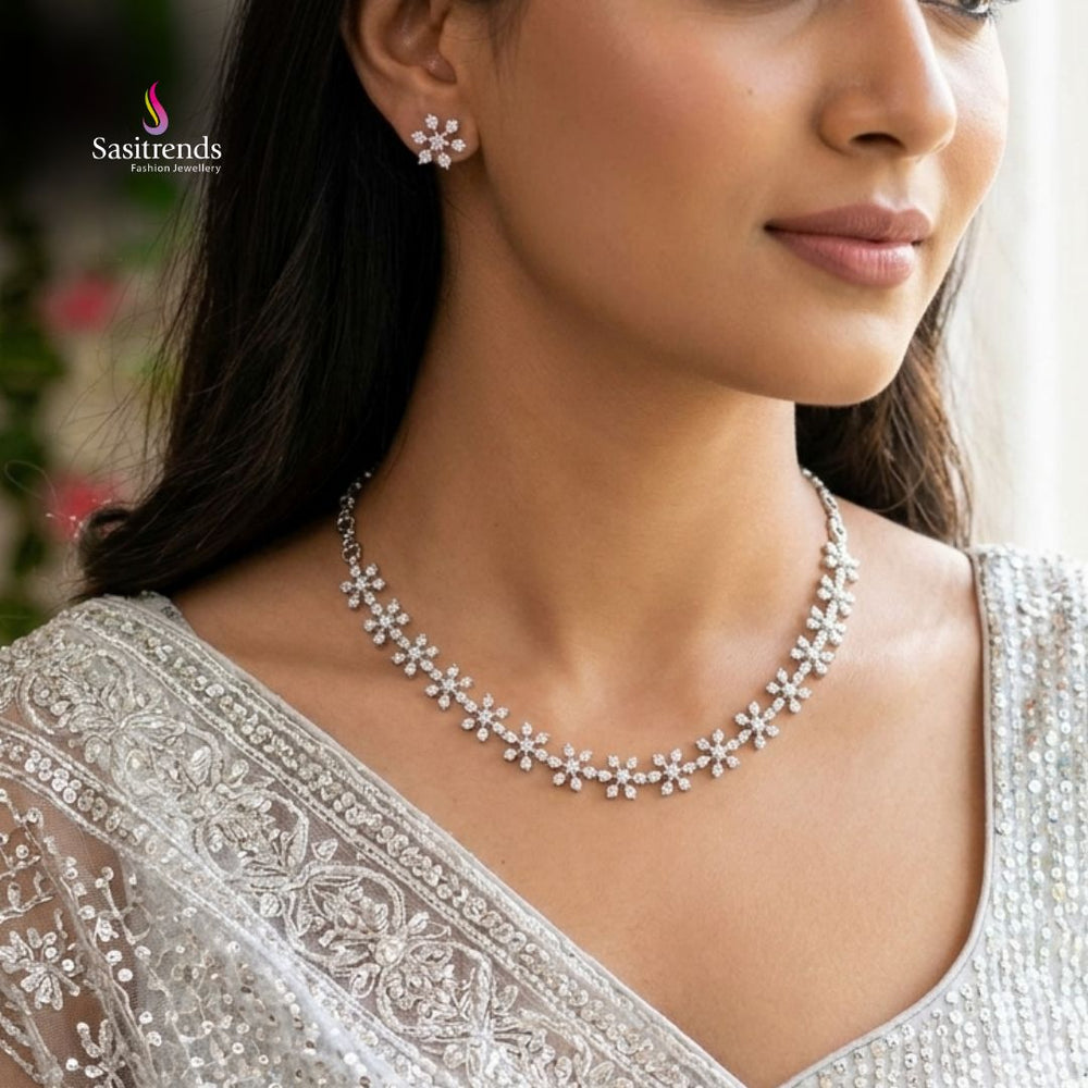 Engagement wear rhodium silver plated AD stone necklace set - Sasitrends