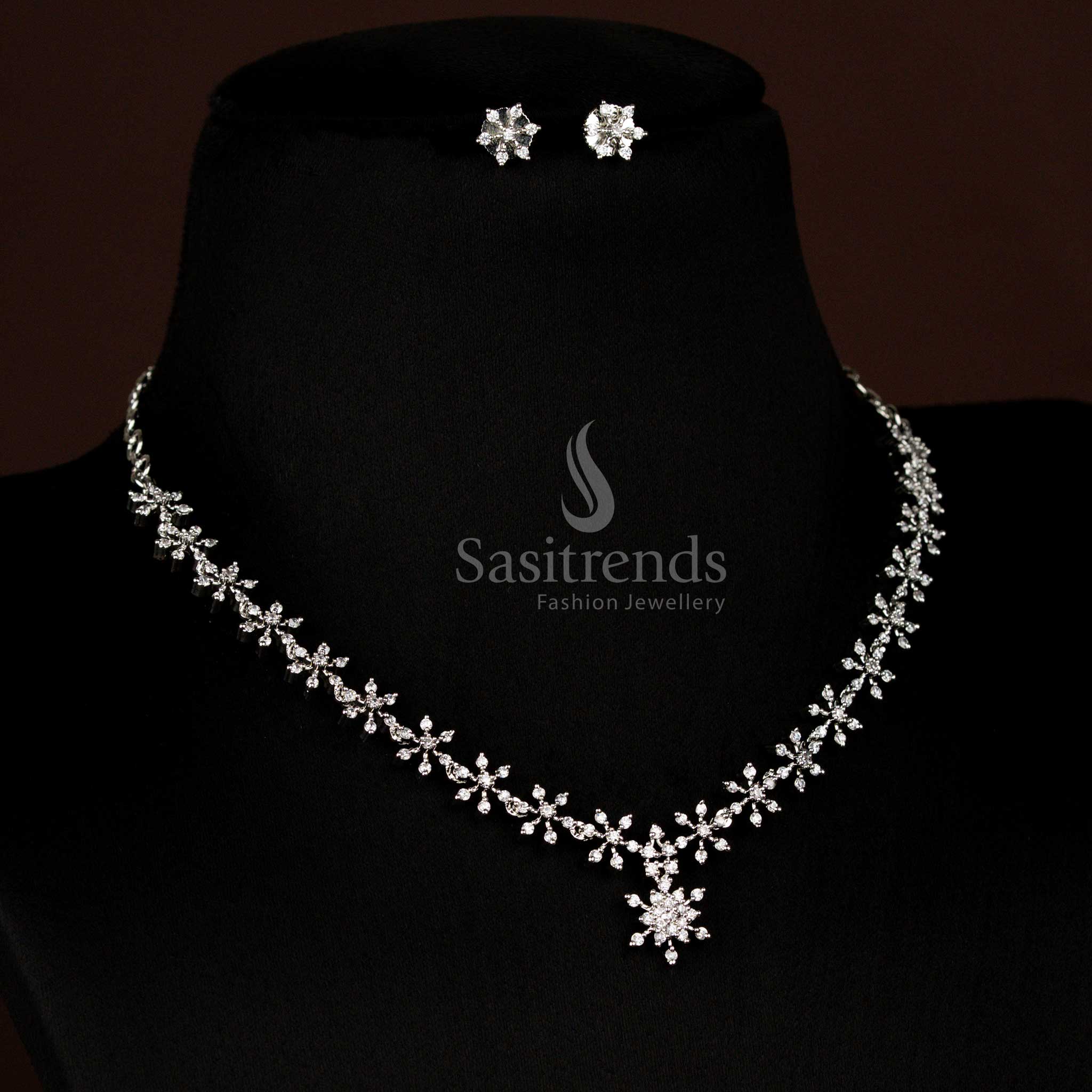 Sparkling American Diamond Dual-Tone Floral Necklace Jewellery Set for Weddings and Parties – Sasitrends