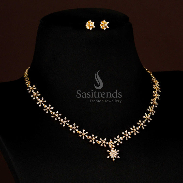 Luxurious American Diamond Gold & Silver Plated Floral Necklace with Earrings for Party Wear