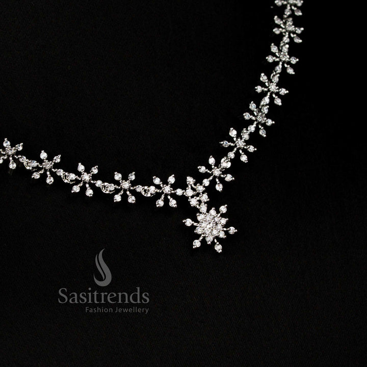 Luxurious American Diamond Silver & Gold Plated Floral Necklace with Earrings for Party – Sasitrends