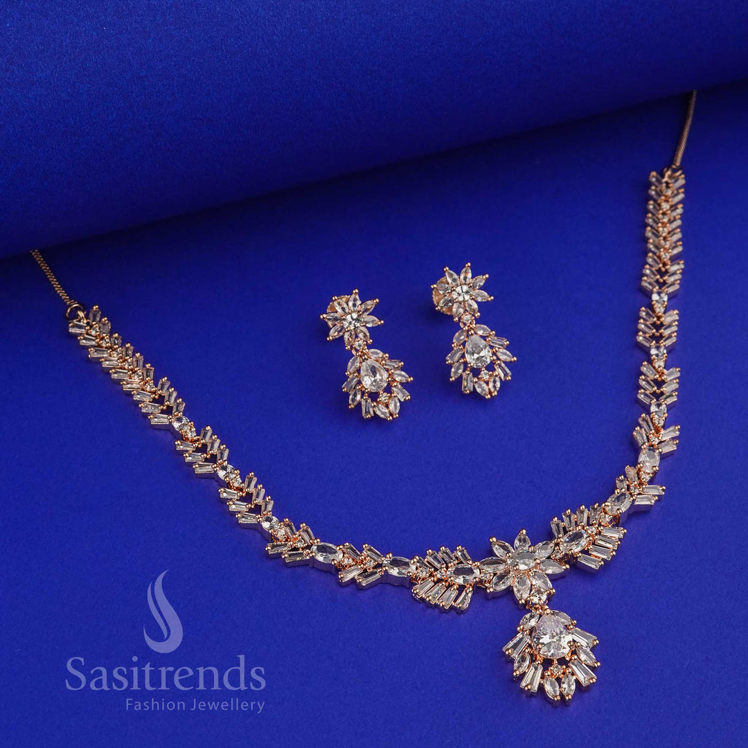Elegant Party Wear American Diamond Rose Gold Plated Floral Necklace Jewellery Set – Sasitrends