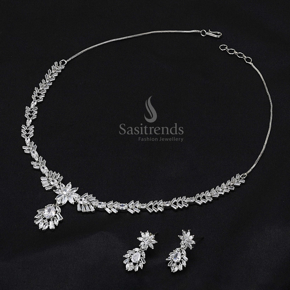 Sparkling American Diamond Floral Necklace Jewellery Set with Rhodium Silver Plating – Sasitrends