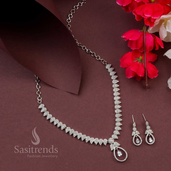 Gorgeous American Diamond Rhodium Silver Plated Mango Pattern Party Wear Necklace Jewellery Set