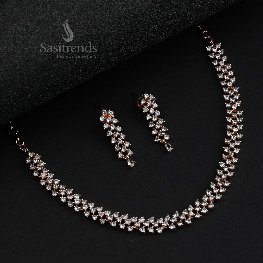 Trendy Rhodium Silver and Rose Gold Plated Party Wear Necklace Jewellery Set with American Diamond Stones