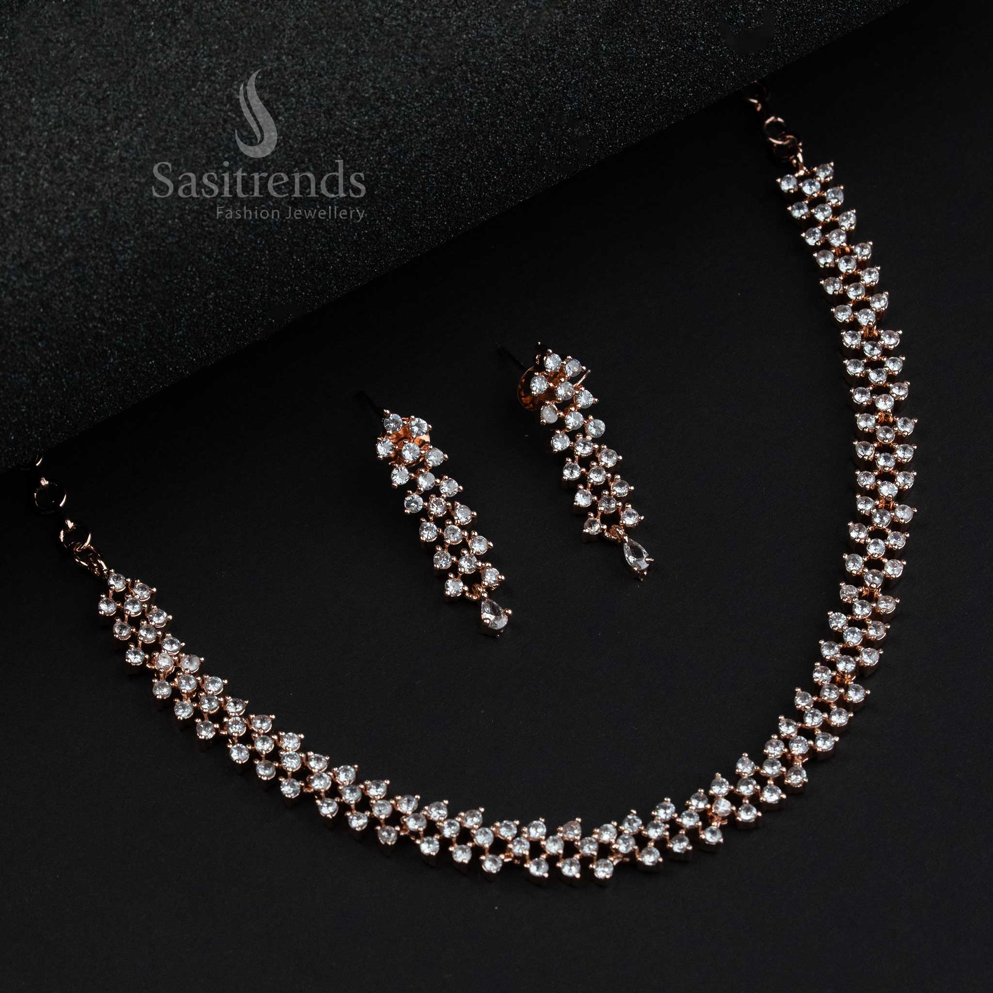 Trendy Rhodium Silver and Rose Gold Plated Party Wear Jewellery Set with American Diamond Stones | Sasitrends