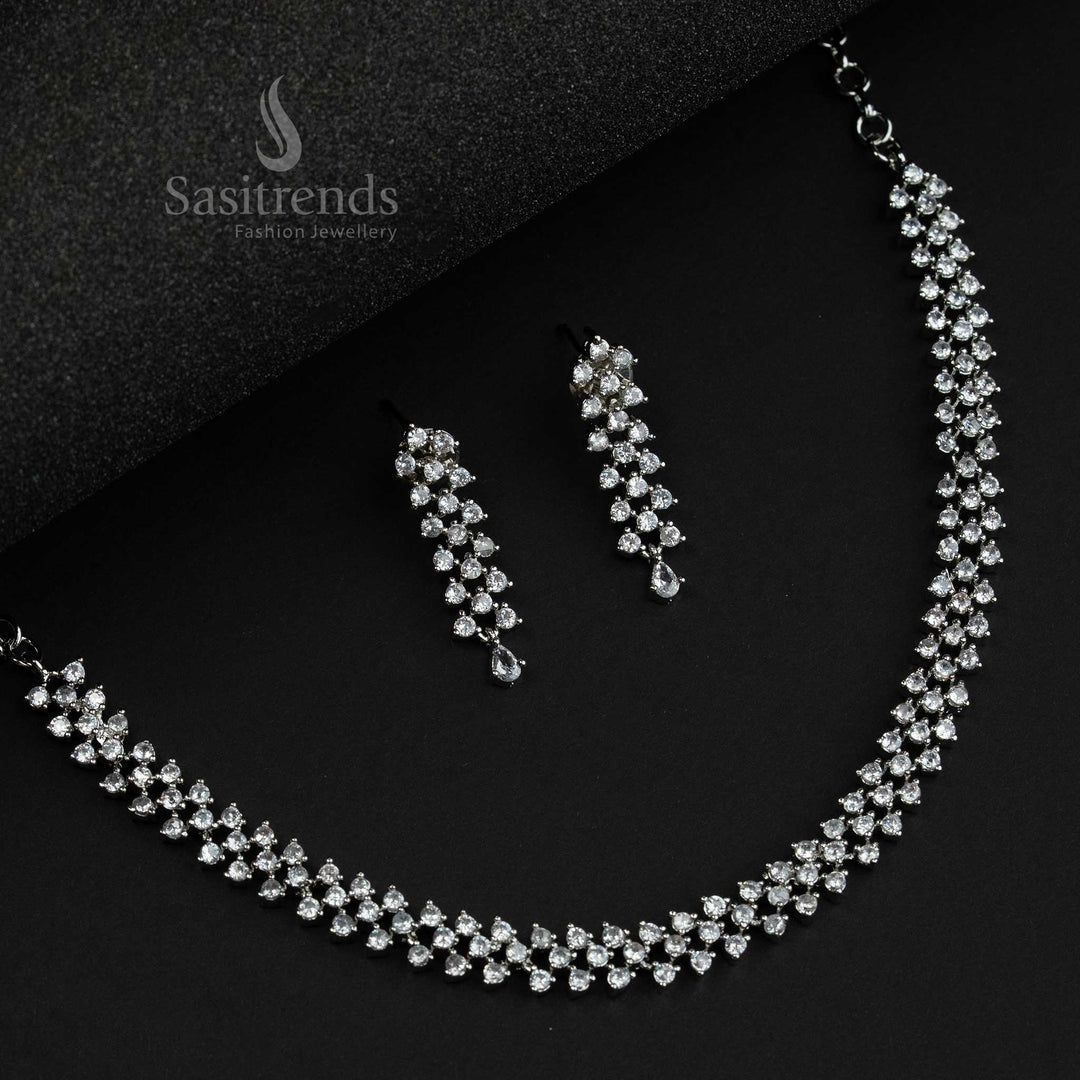 Trendy Rhodium Silver and Rose Gold Plated Party Wear Necklace Jewellery Set with American Diamond Stones