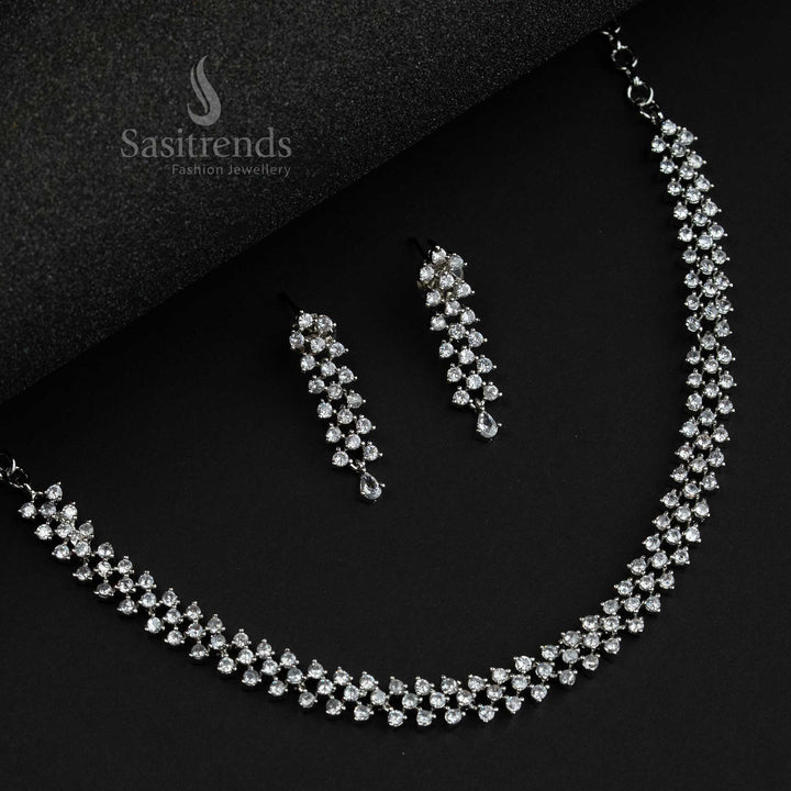 Trendy Rhodium Silver and Rose Gold Plated Party Wear Jewellery Set with American Diamond Stones | Sasitrends
