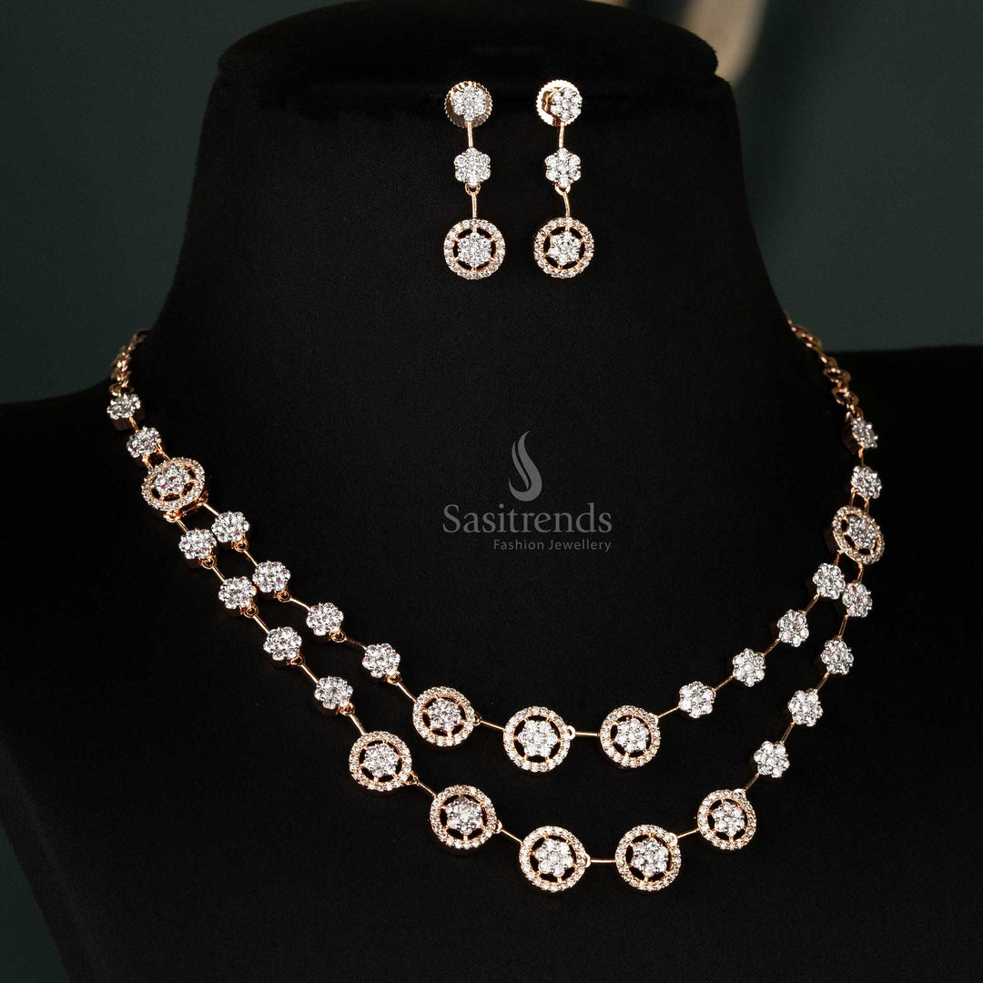 Stunning Look Rhodium Silver, Gold And Rose Gold Plated Two Layered  Circular Motif American Diamond Necklace Jewellery Set
