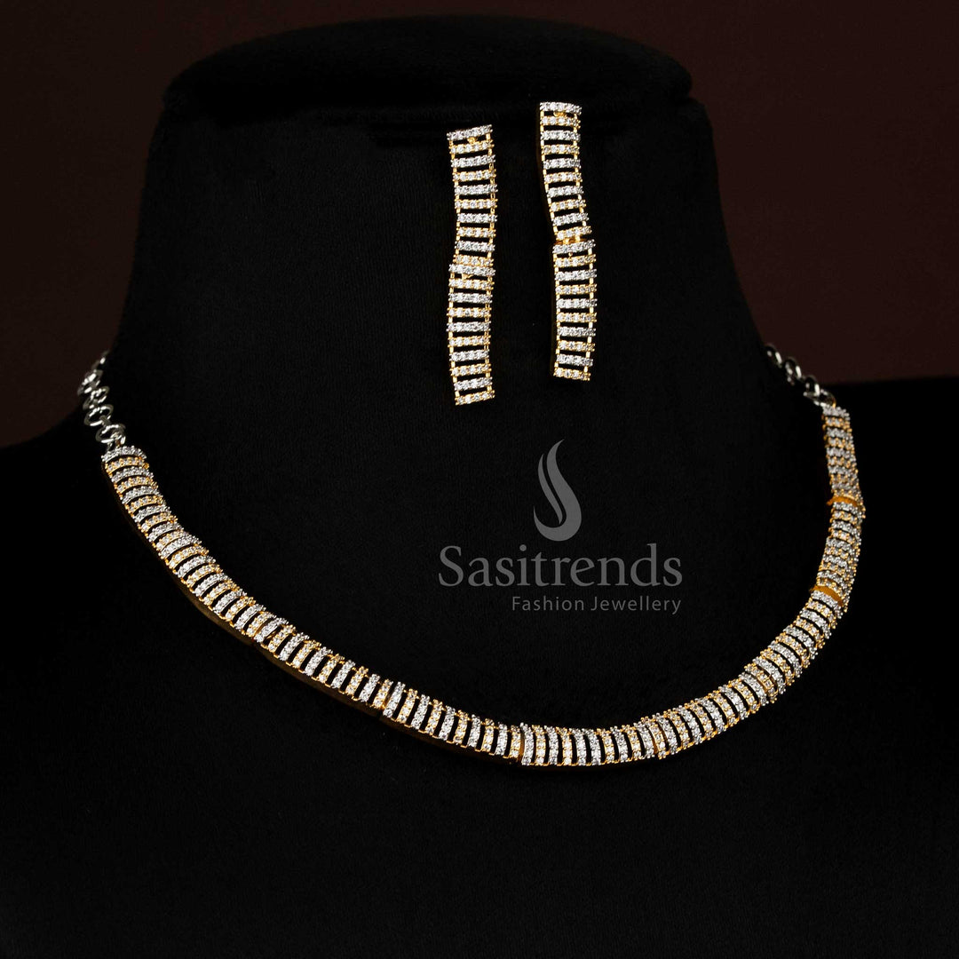 Luxury American Diamond Rhodium Silver & Ganga Jamuna Plated Segmented Linear Necklace Jewellery Set for Saree, Lehenga, or Gown – Sasitrends
