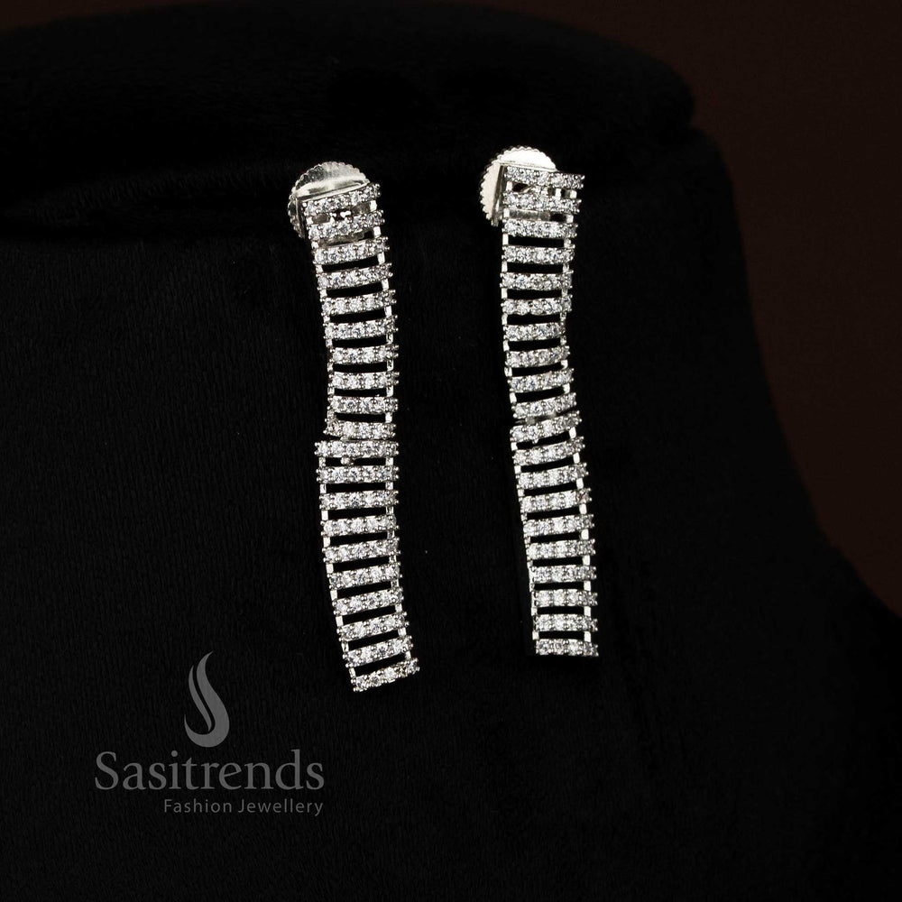 Luxury American Diamond Rhodium Silver Plated Segmented Linear Necklace Jewellery Set for Saree, Lehenga, or Gown – Sasitrends
