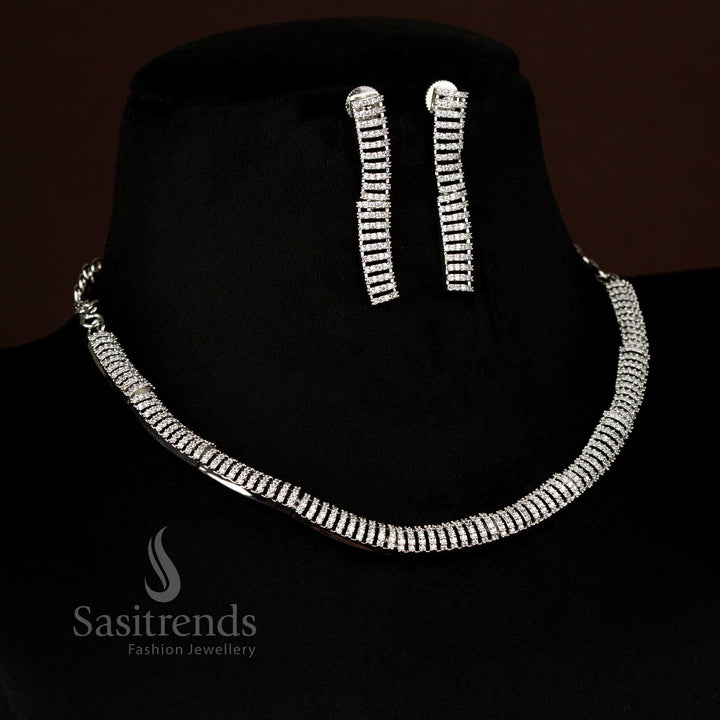 Luxury American Diamond Rhodium Silver Plated Segmented Linear Necklace Jewellery Set for Saree, Lehenga, or Gown – Sasitrends