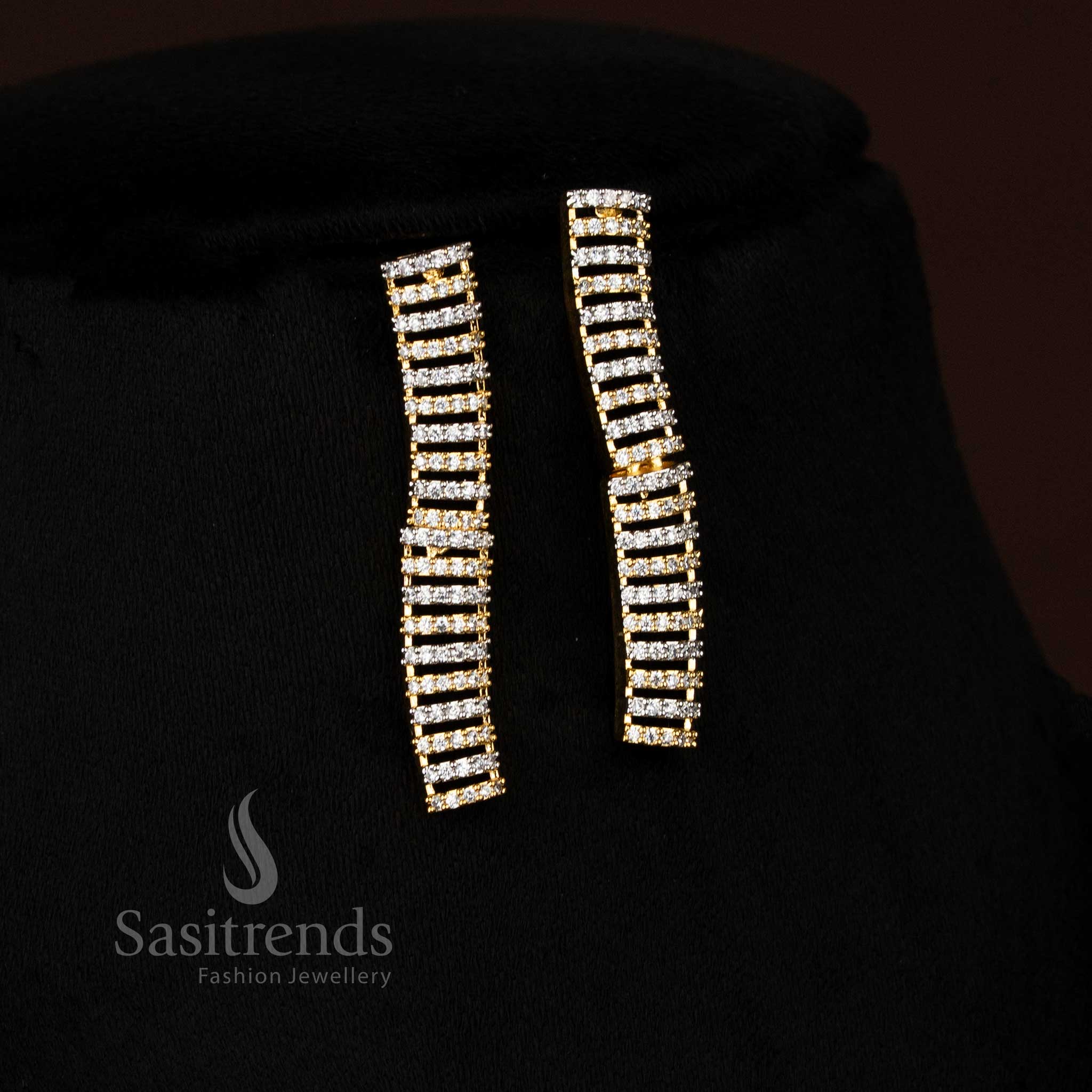 Luxury American Diamond Rhodium Silver & Ganga Jamuna Plated Segmented Linear Necklace Jewellery Set for Saree, Lehenga, or Gown – Sasitrends