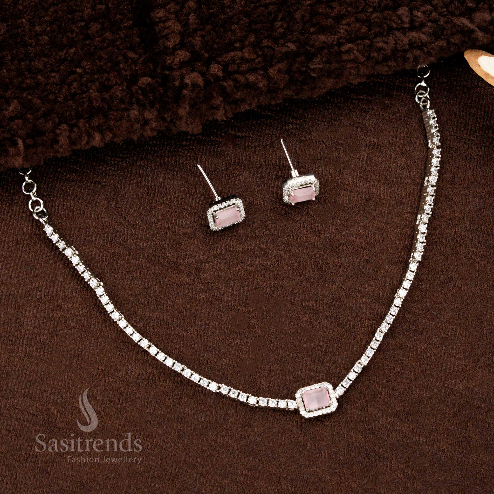 Pastel pink American diamond rectangle necklace set with rhodium shine and matching earrings – a soft-tone ethnic jewellery choice perfect for light festive styles by Sasitrends