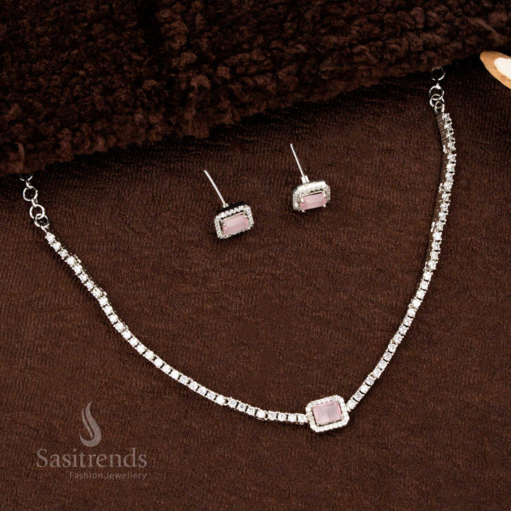 Pastel pink American diamond rectangle necklace set with rhodium shine and matching earrings – a soft-tone ethnic jewellery choice perfect for light festive styles by Sasitrends