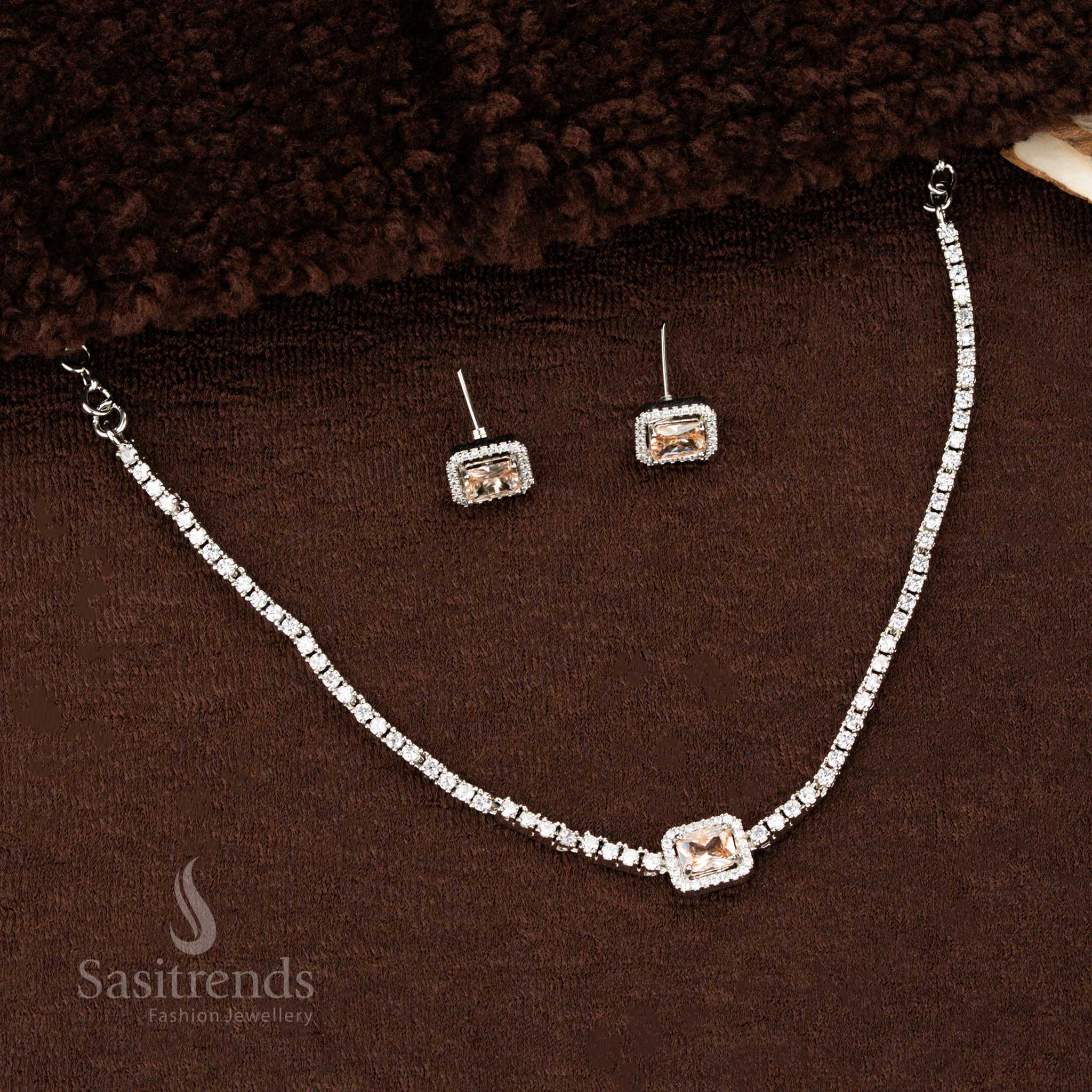 Rhodium silver plated American diamond necklace set with a bold rectangular Honey stone pendant and sparkling matching earrings – a graceful fusion-style jewellery design by Sasitrends