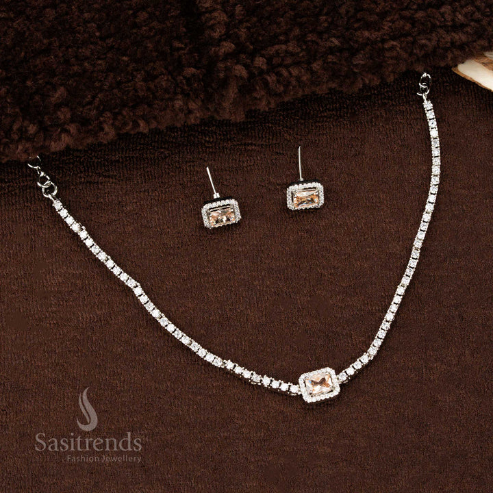 Rhodium silver plated American diamond necklace set with a bold rectangular Honey stone pendant and sparkling matching earrings – a graceful fusion-style jewellery design by Sasitrends