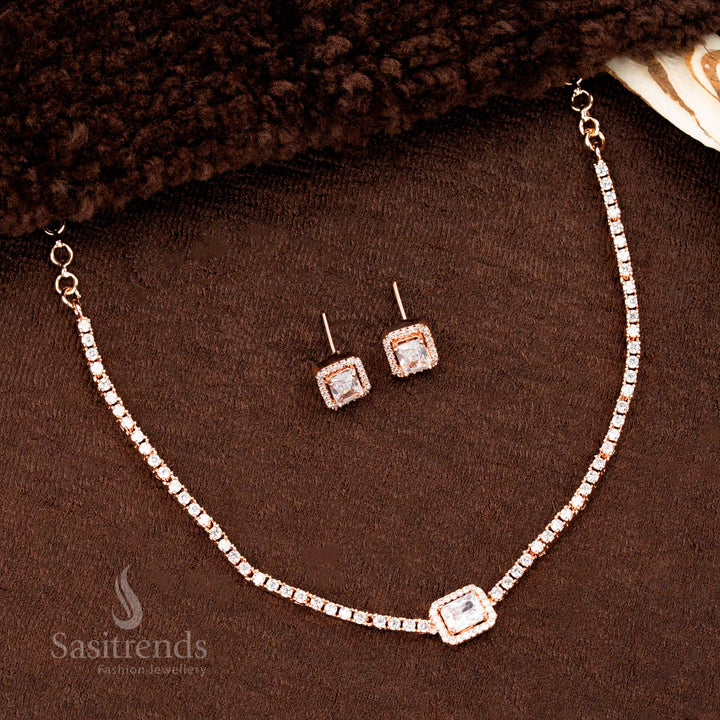 Rose gold plated necklace set with brilliant white rectangular American diamond pendant and sparkling earrings – an elegant statement jewellery piece for wedding or party wear by Sasitrends