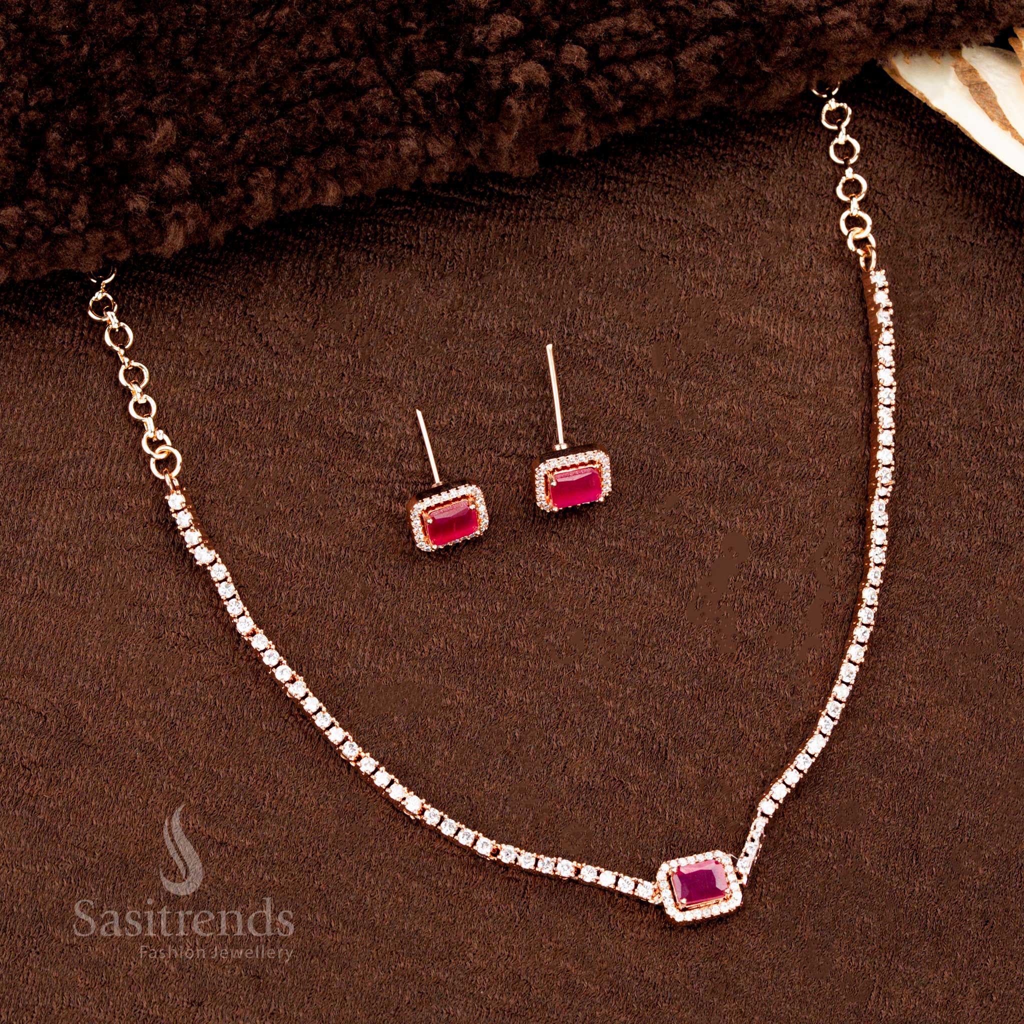 Rhodium plated American diamond necklace set with deep ruby rectangular pendant and matching stone earrings – a rich traditional jewellery piece perfect for ethnic festivities by Sasitrends