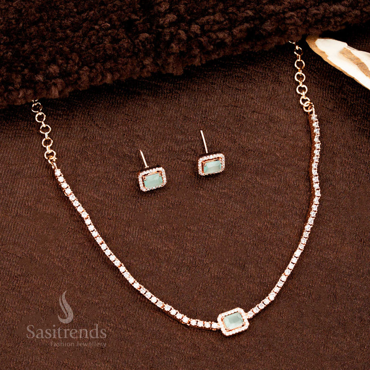 Rose gold plated necklace set with mint rectangle pendant and American diamond drop earrings – a stylish and modern festive jewellery ensemble with subtle sophistication by Sasitrends