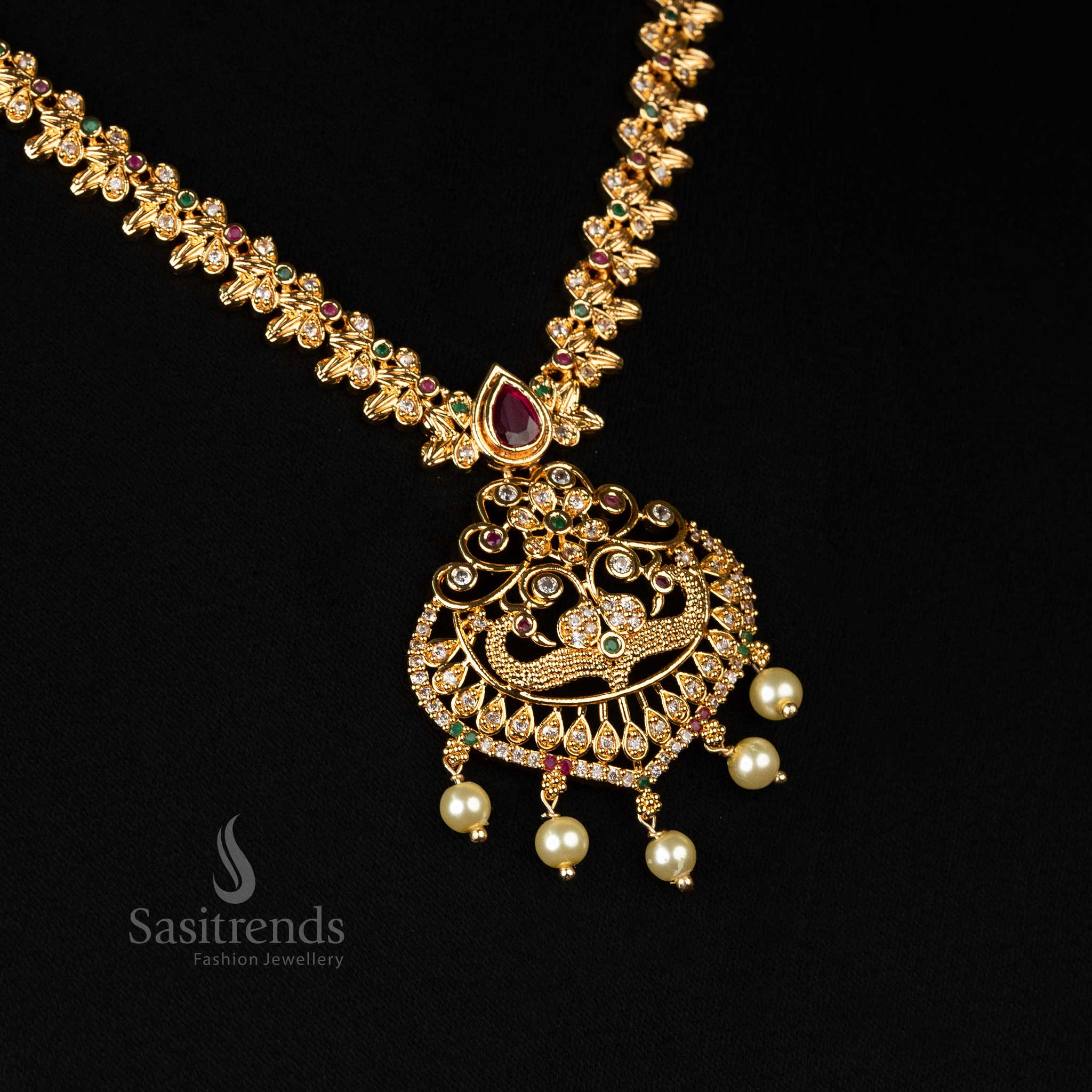 Micro gold plated AD necklace set featuring delicate floral motifs, pearls, and intricate peacock craftsmanship, look like real gold - Sasitrends