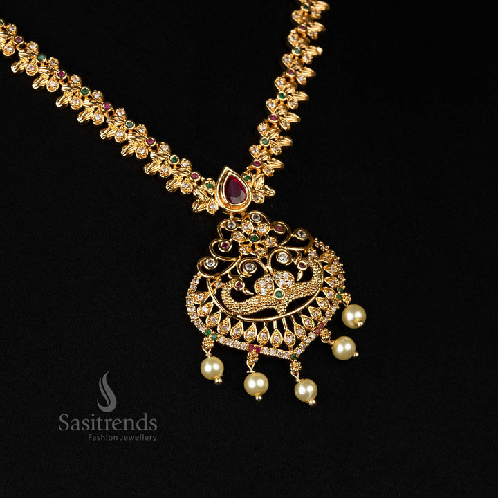 Micro gold plated AD necklace set featuring delicate floral motifs, pearls, and intricate peacock craftsmanship, look like real gold - Sasitrends
