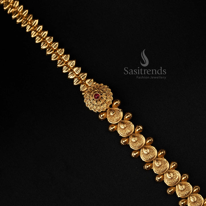 Majestic temple jewellery-style antique gold long necklace set with intricate ruby-green kundan stonework - Sasitrends