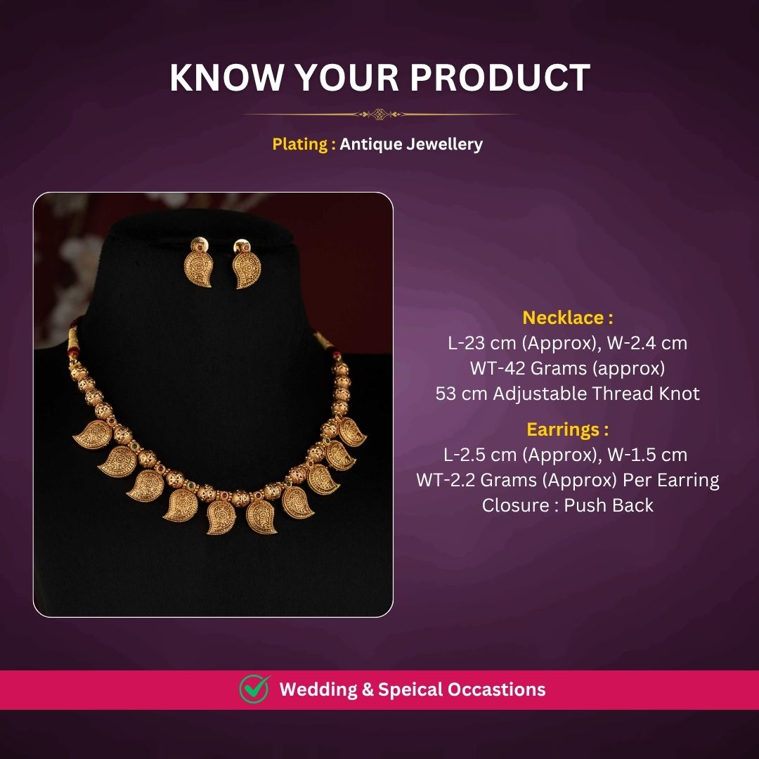 Antique gold plated necklace set measurement image - Sasitrends