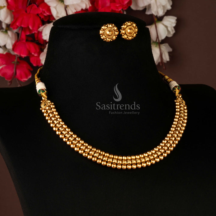 Antique Gold-Plated Designer Jewellery Set with Floral and Ball Patterns - Sasitrends