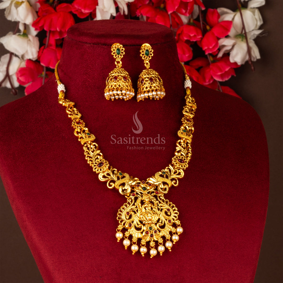 Classic Matte Gold Lakshmi Pendant With Jhumka Jewellery Set - Sasitrends
