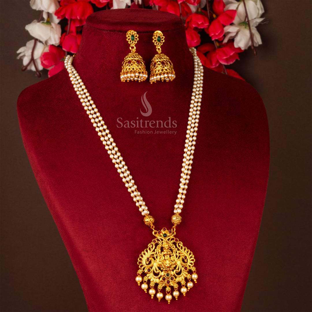 Classic Matte Gold Plated Three Line Pearl Mala Lakshmi Pendent Jewellery Set - Sasitrends