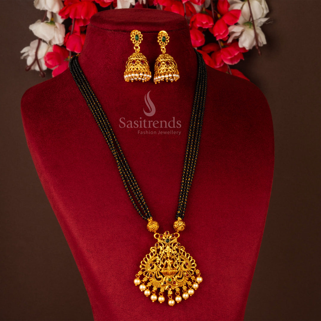 Classic Matte Gold Three Line Black Pearl Mala Lakshmi Jewellery Set