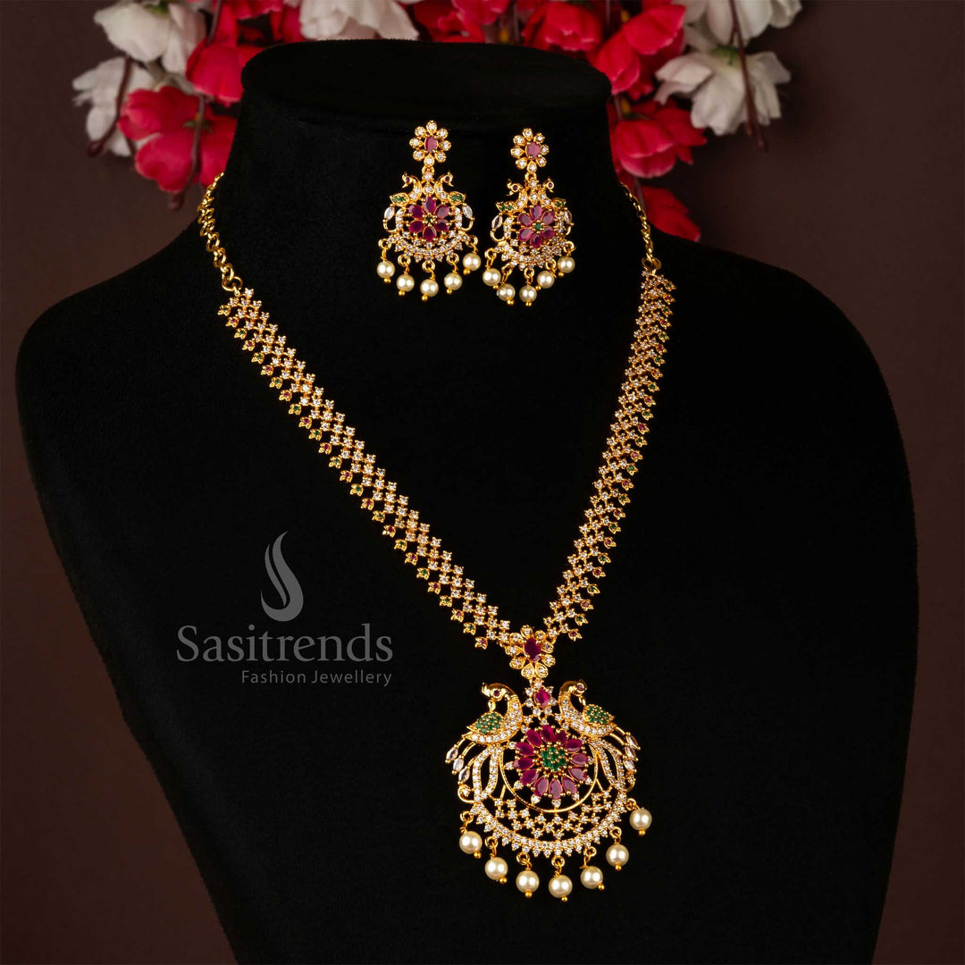 Elegant Micro Gold Plated Peacock Pendant Set with Earrings Jewellery Set - Sasitrends