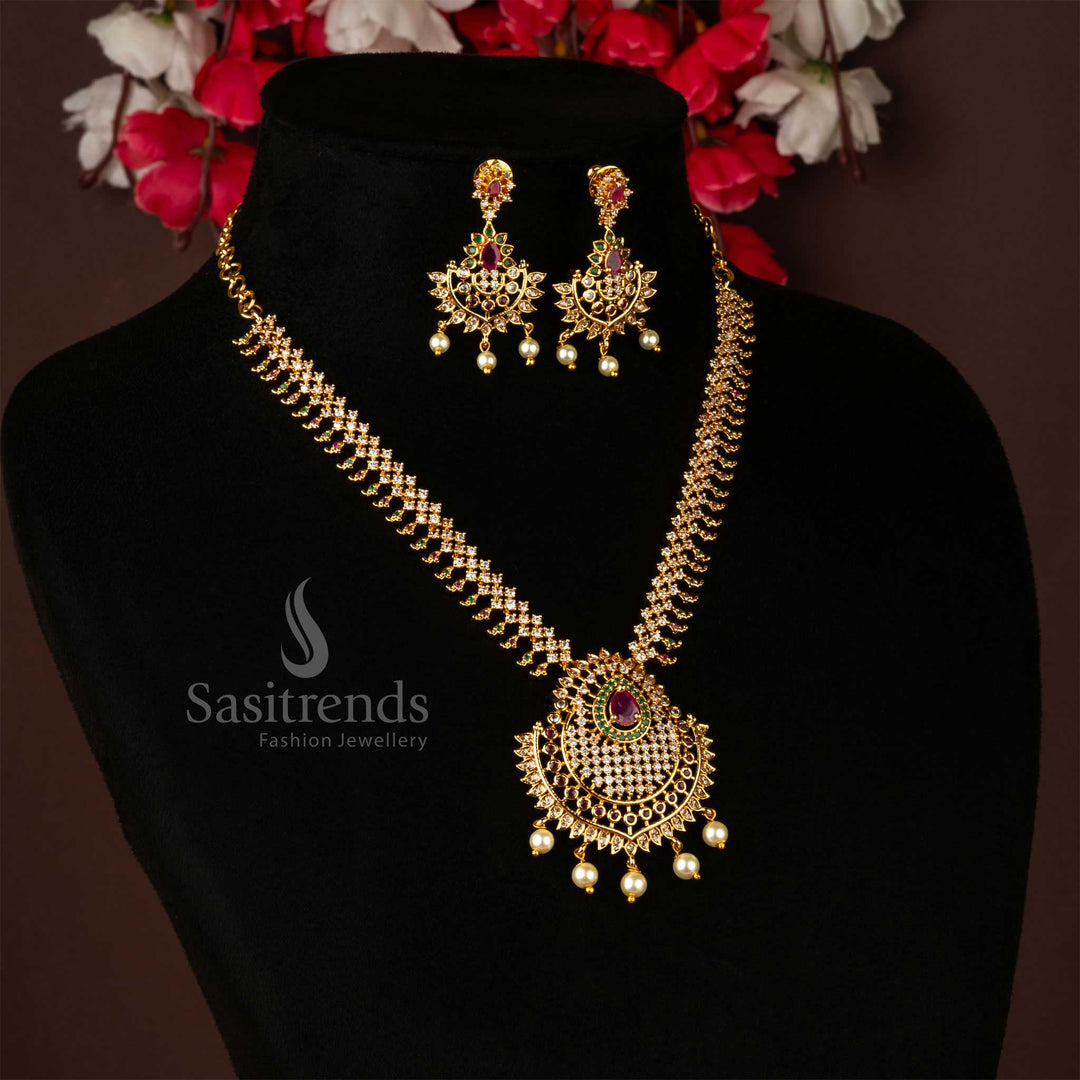 Opulent Micro Gold Plated Tilak Pendant Set with Earrings White Ball Jewellery Set - Sasitrends