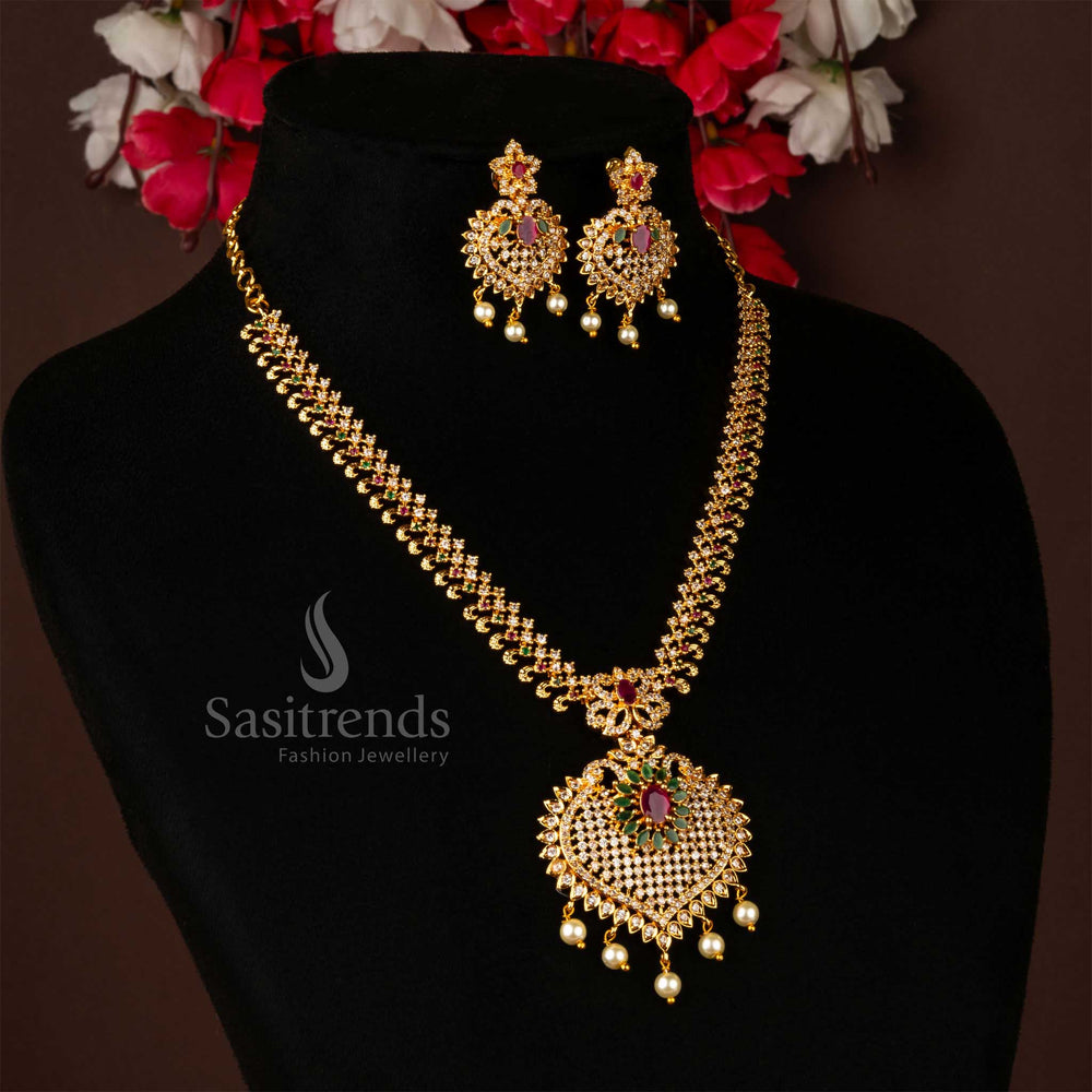 Elegant multi-tone heart pendant jewellery set with a micro gold-plated luxury finish, designed as a trendy ethnic wedding accessory - Sasitrends