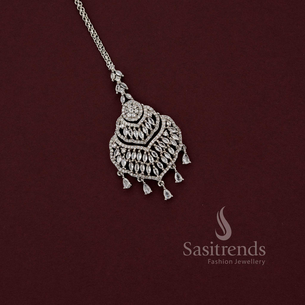 Elegant white AD stone pendant with marquise and round stones in rhodium finish - Sasitrends