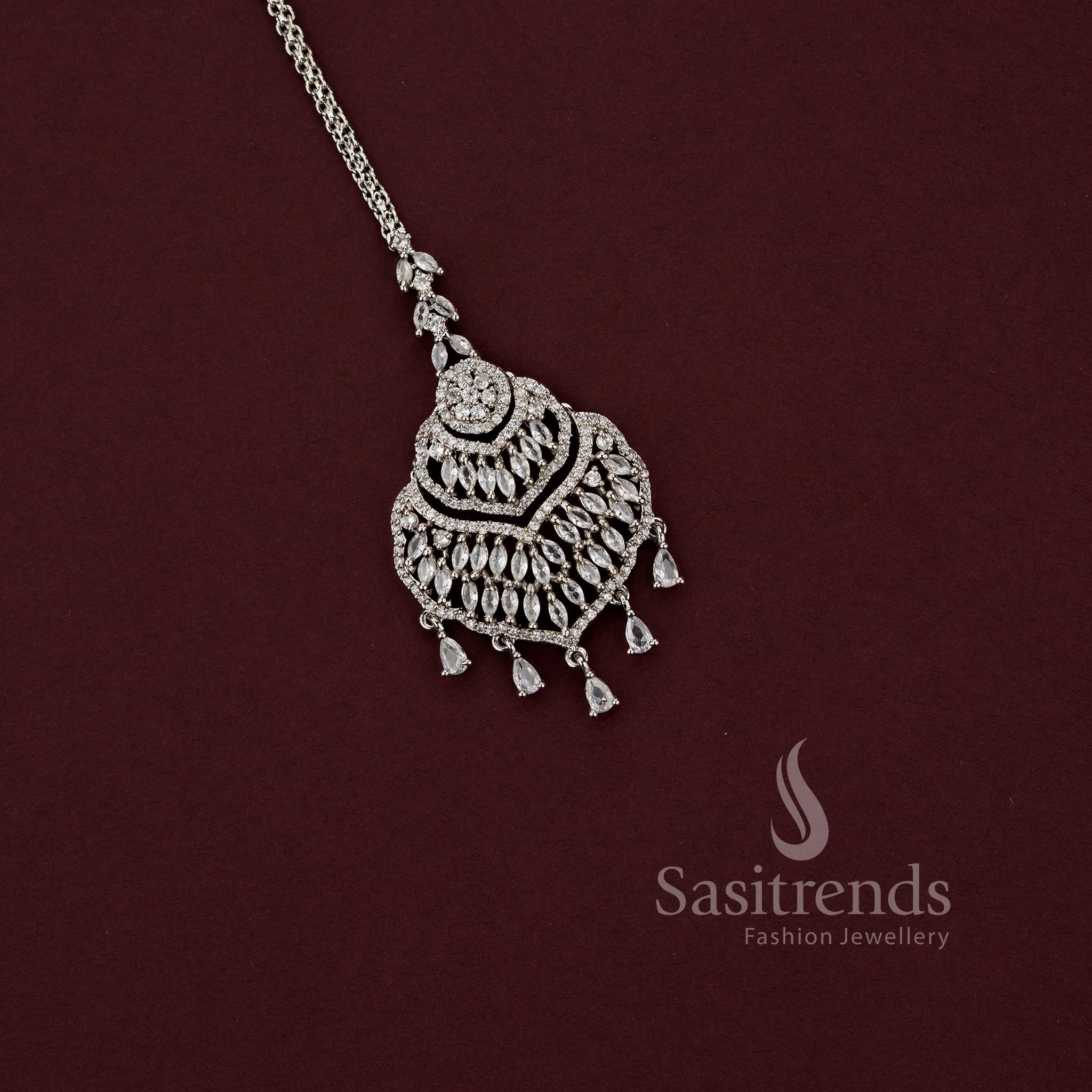 Elegant white AD stone pendant with marquise and round stones in rhodium finish - Sasitrends