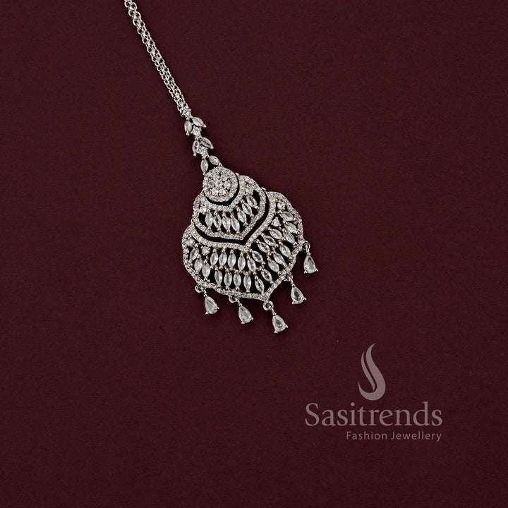 Elegant white AD stone pendant with marquise and round stones in rhodium finish - Sasitrends