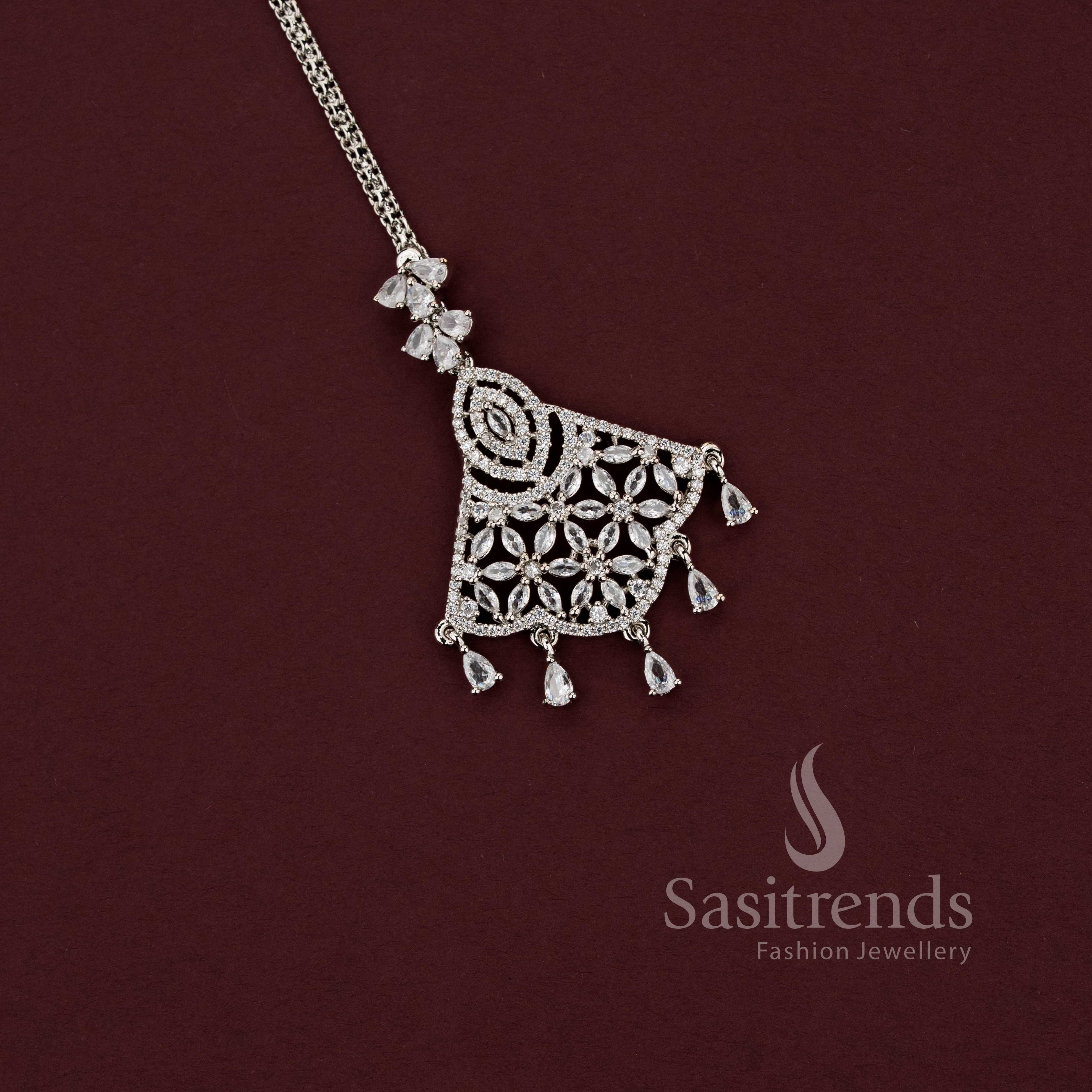 Grand bridal rhodium silver maang tikka 2129G featuring a layered American Diamond floral chandelier design, a stunning statement piece for wedding lehengas and traditional bridal looks