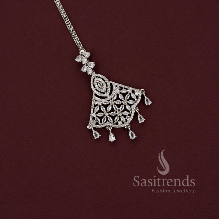 Grand bridal rhodium silver maang tikka 2129G featuring a layered American Diamond floral chandelier design, a stunning statement piece for wedding lehengas and traditional bridal looks