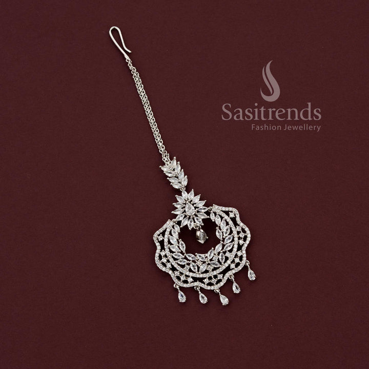 Grand bridal rhodium silver maang tikka 2129H featuring a layered American Diamond floral chandelier design, a stunning statement piece for wedding lehengas and traditional bridal looks