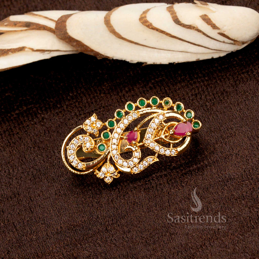 Micro Gold Plated American Diamond Saree Pin – One Gram Jewellery, Paisley Design – Sasitrends