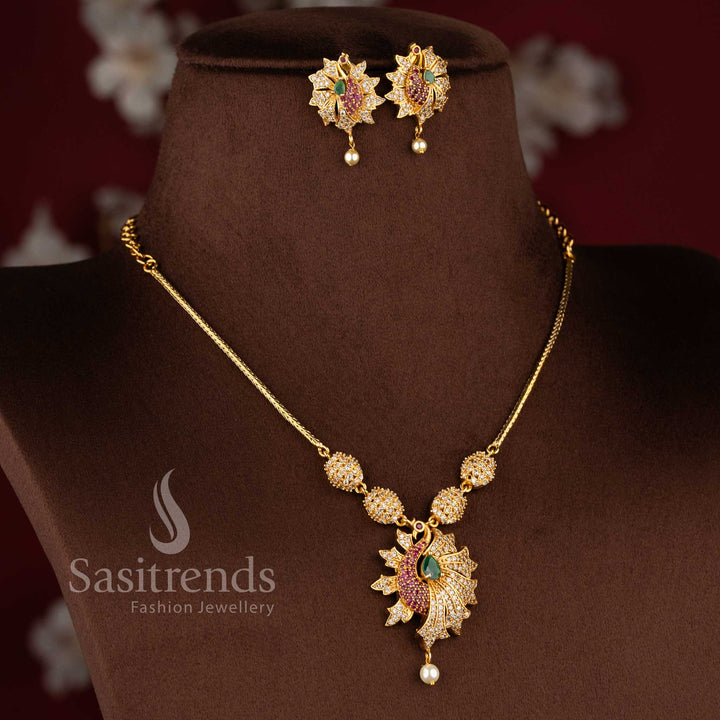 Elegant matte gold peacock design pendant necklace set for women with traditional styling