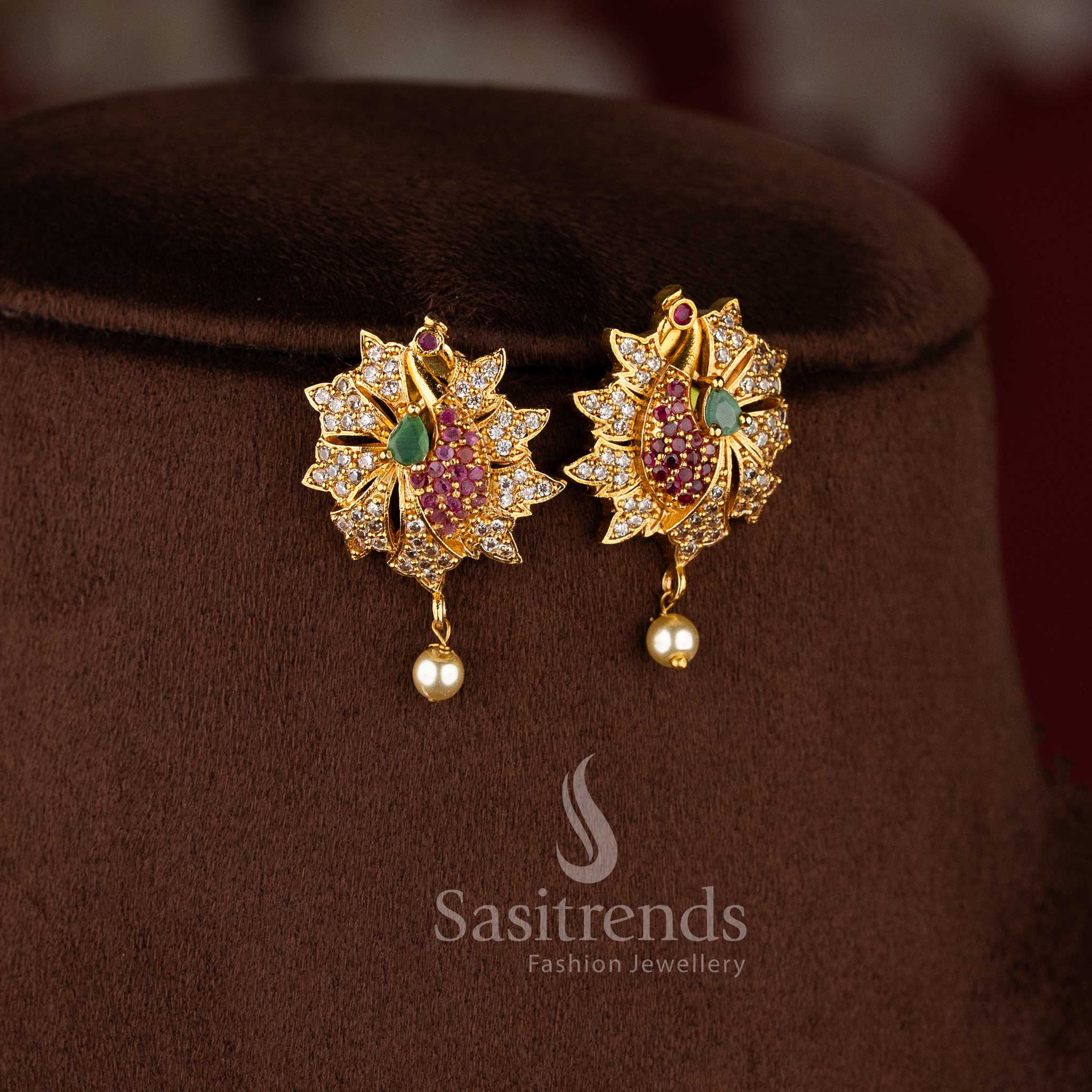 South Indian matte gold peacock motif pendant necklace set perfect for festive and wedding wear.