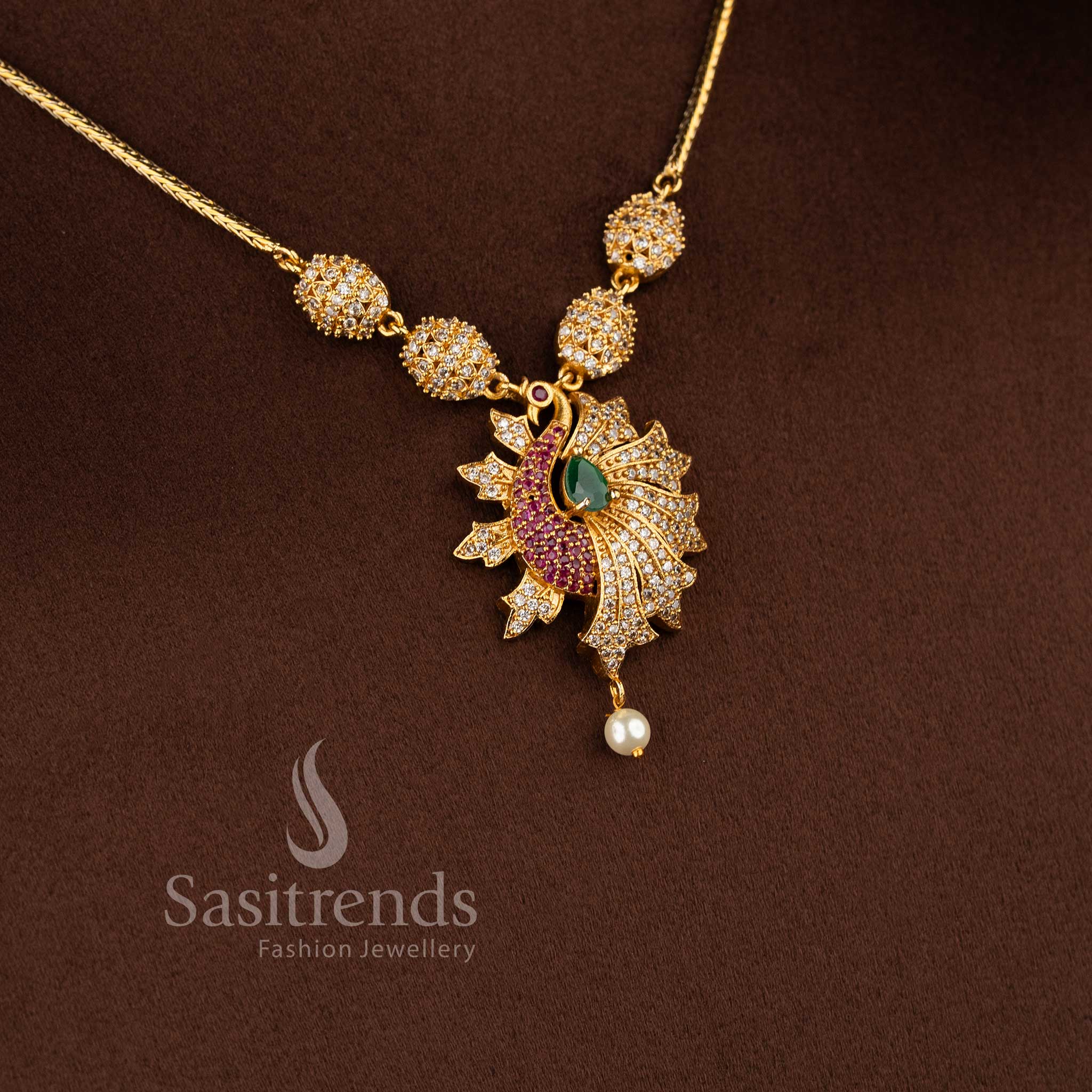 Elegant matte gold peacock design pendant necklace set for women with traditional styling