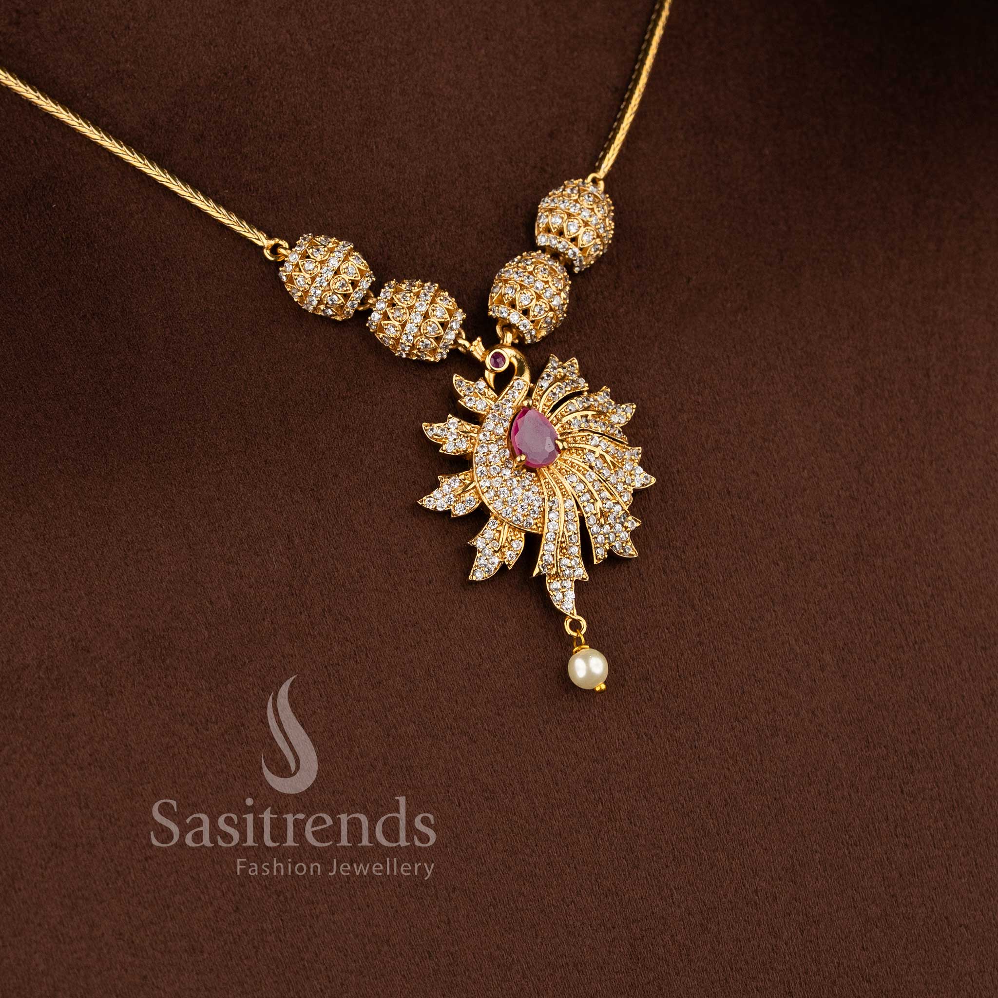 Gorgeous trendy traditional matte gold plated peacock pendant necklace jewellery set by Sasitrends