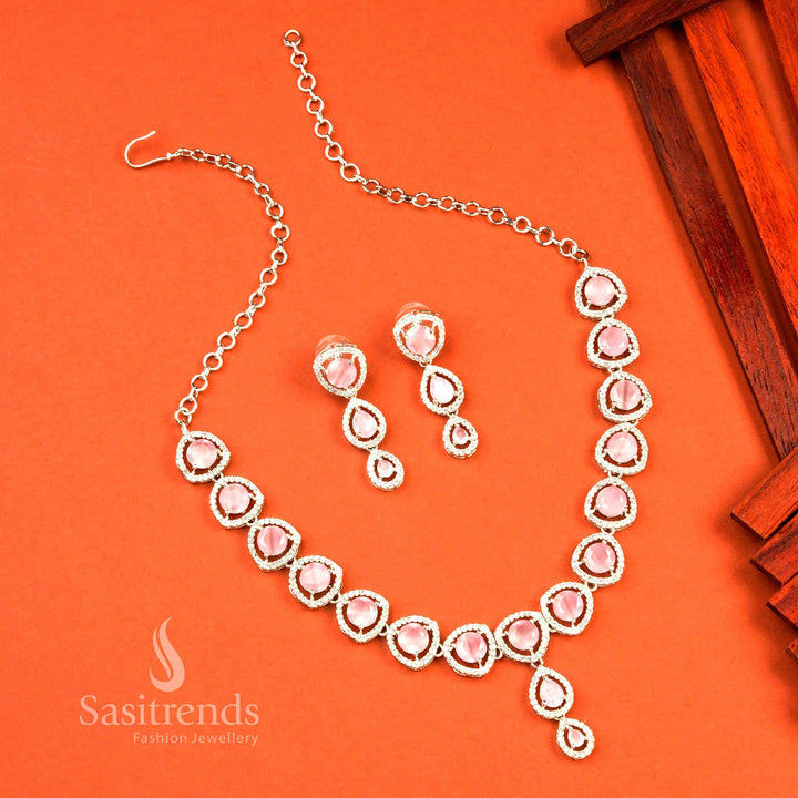 Delicate pink oval rhodium silver jewellery set enhanced with charming American diamond stones, perfect for elegant and graceful party styling – Sasitrends