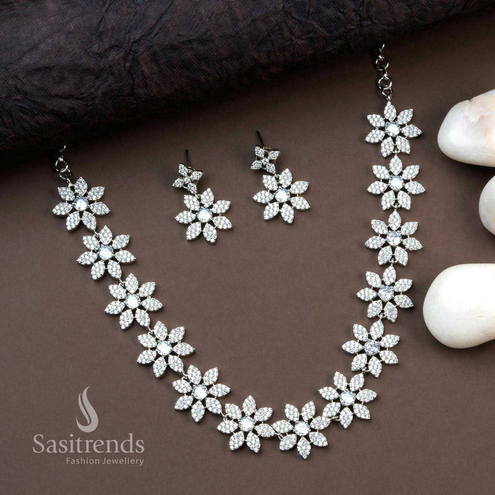 White floral motif rhodium silver jewellery set featuring sparkling American diamond stones and timeless elegance for party occasions – Sasitrends
