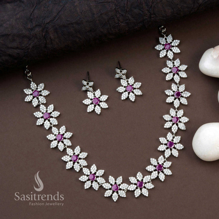 Ruby floral design American diamond jewellery set in rhodium silver plating, featuring a regal finish and festive vibrance for traditional celebrations – Sasitrends

