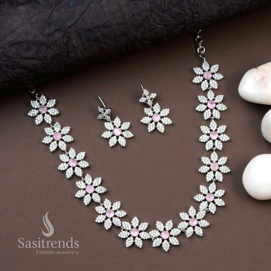 Gorgeous Floral Motifs Party Wear American Diamond Necklace Jewellery Set Rhodium Silver Plated Sasitrends