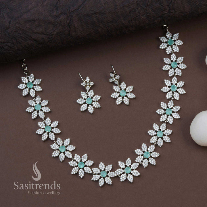 Gorgeous Floral Motifs Party Wear American Diamond Jewellery Set - Rhodium Silver Plated | Sasitrends